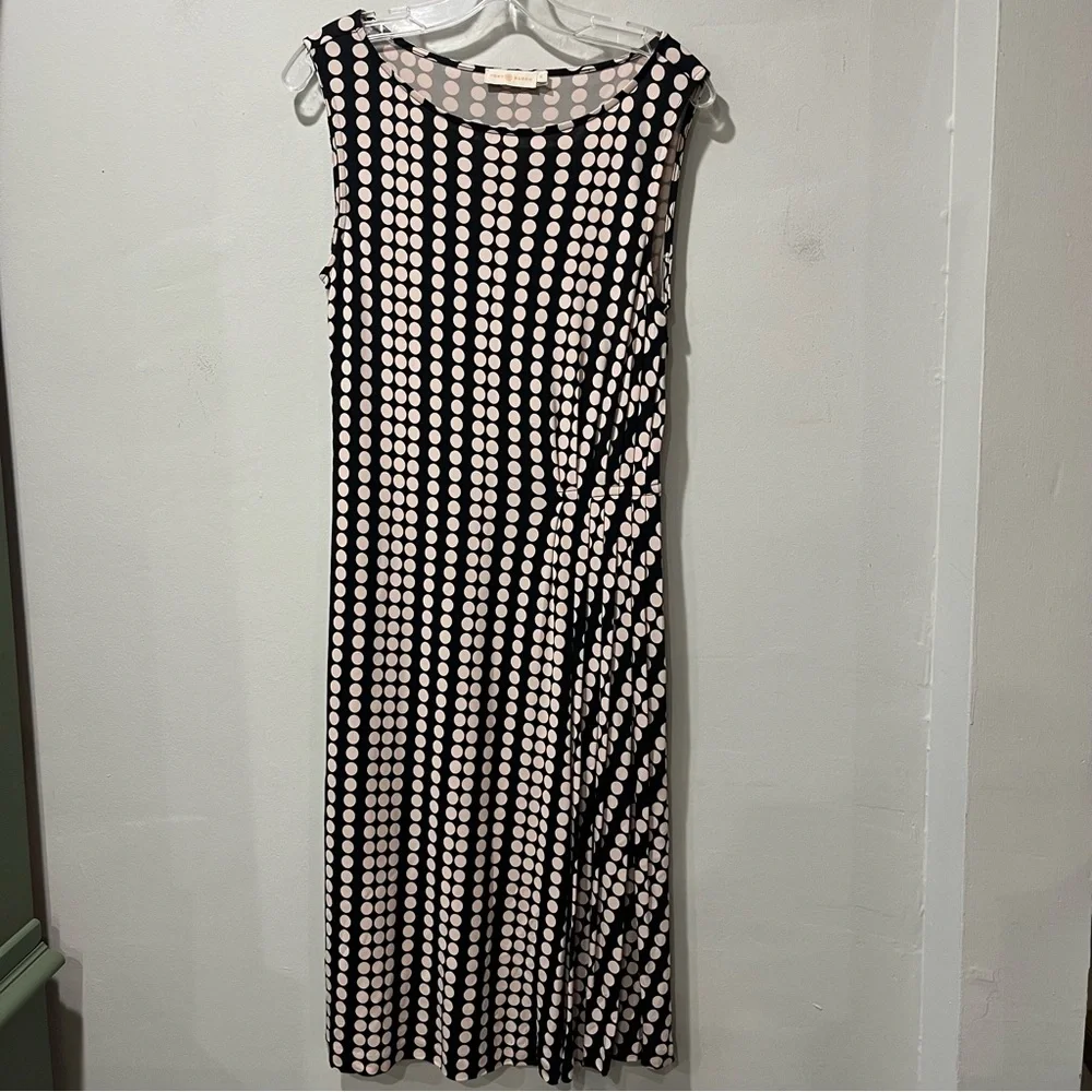 Tory Burch Black & Tan Zandi Polka Dot Print Sleeveless Midi Dress‎ Medium